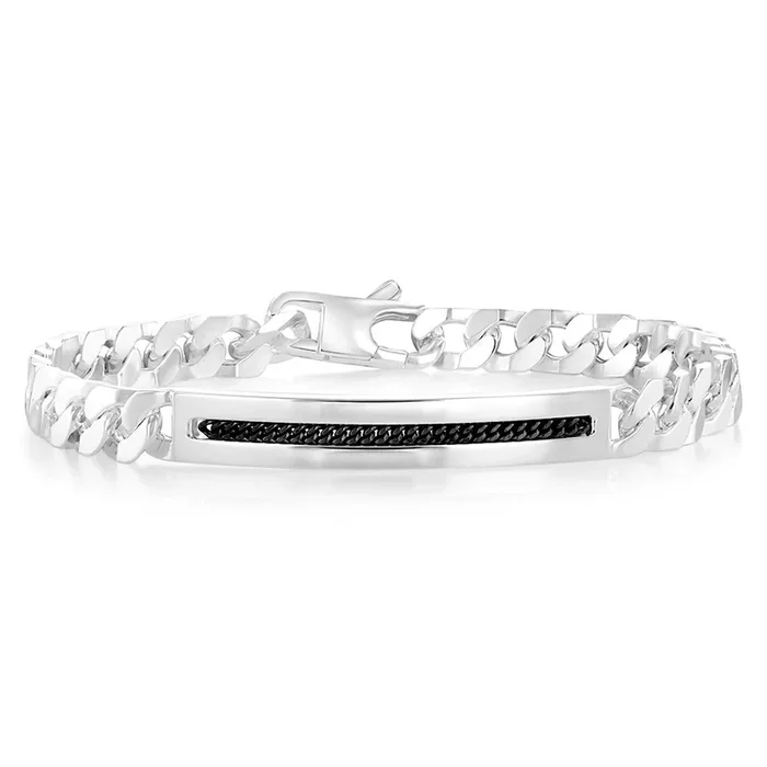 Sterling Silver Four Sides Flat Curb 200 Gauge Black Pattered ID Plate 20cm Bracelet