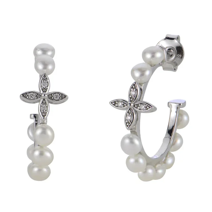 Sterling Silver Freshwater Pearl And Diamond Medium Hoop Earrings