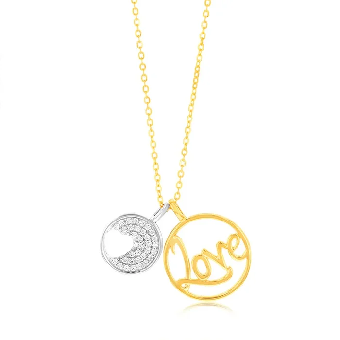 Sterling Silver Gold Plated Cubic Zirconia Heart And “Love” Twin Circle Pendant On Chain
