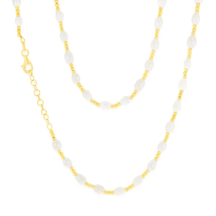 Sterling Silver Gold Plated Fresh Water Pearl And Gold Beads 40+3cm Chain