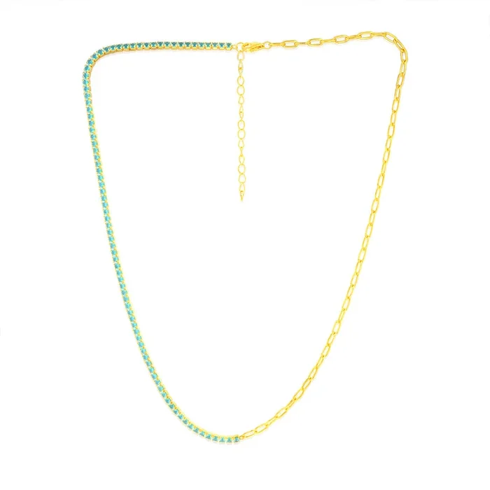 Sterling Silver Gold Plated Greenish Blue Zirconia Paperclip 45.7cm Chain