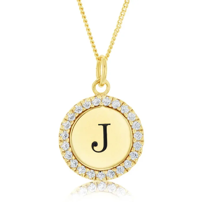 Sterling Silver Gold Plated Round Initial “J” Pendant On 45cm Chain