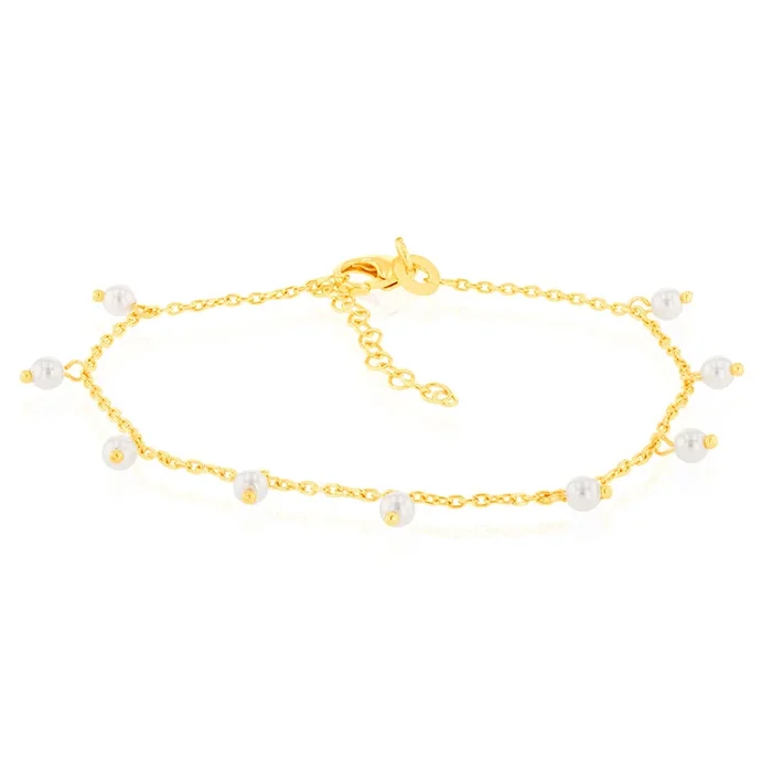 Sterling Silver Gold Plated Simulated Pearl Charm 19cm Bracelet