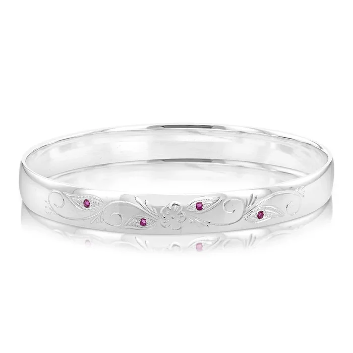 Sterling Silver Hand Engraved Ruby 65mm Bangle