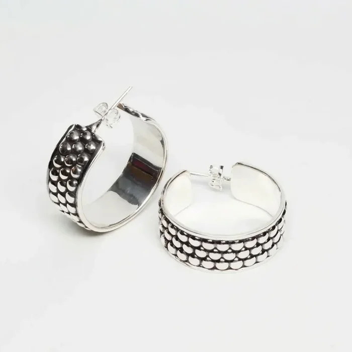 Sterling Silver Hoop Earrings with Alternating Beads