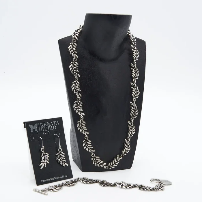 Sterling Silver Leaf Set of Necklace, Bracelet and Dangle Earrings