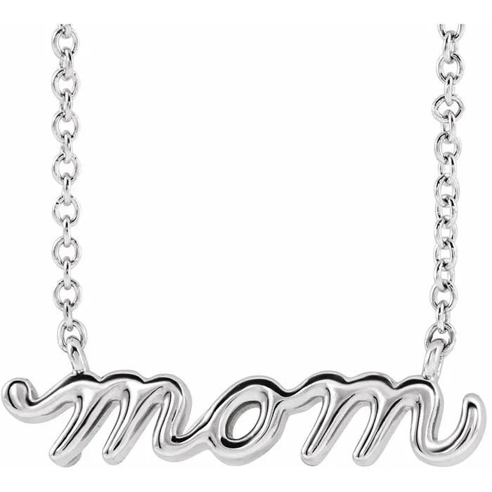 Sterling Silver Mom Script Necklace on 18″ Chain