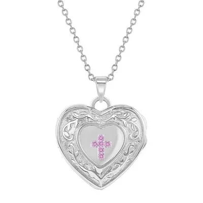 Sterling Silver Pink CZ Cross Heart Locket Necklace