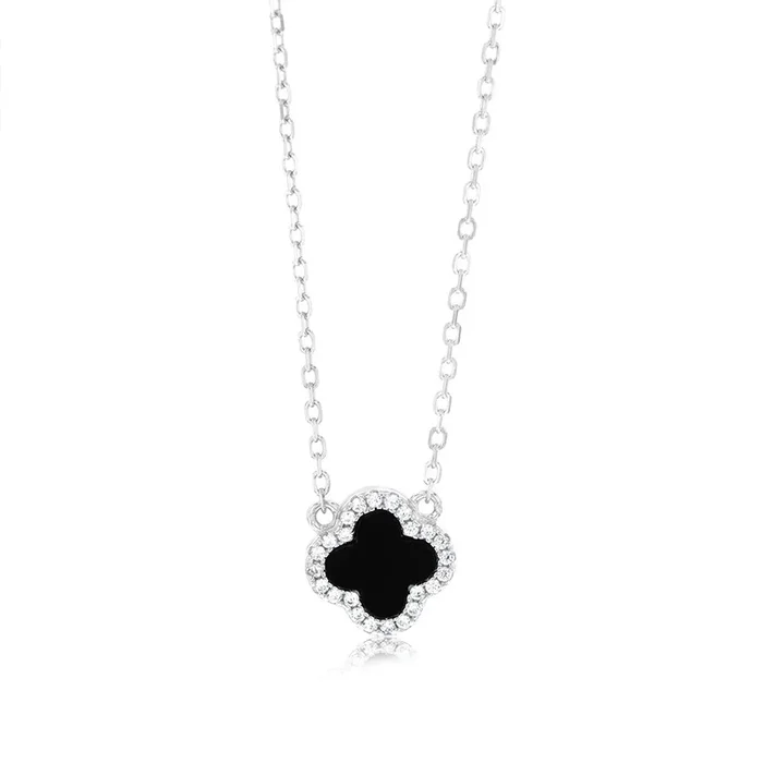 Sterling Silver Rhodium Plated Clover Black Agate And White CZ Pendant On 40-45cm Chain