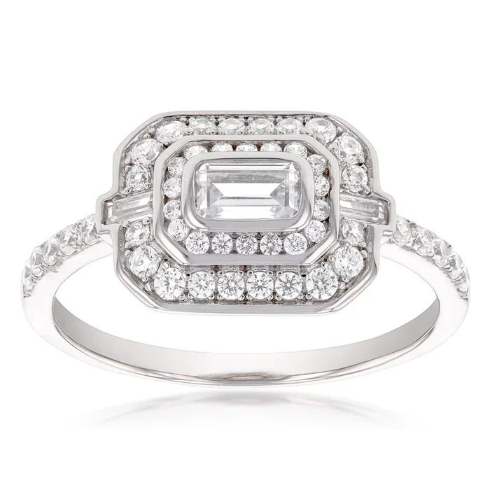 Sterling Silver Rhodium Plated Cubic Zirconia Baguette Ring