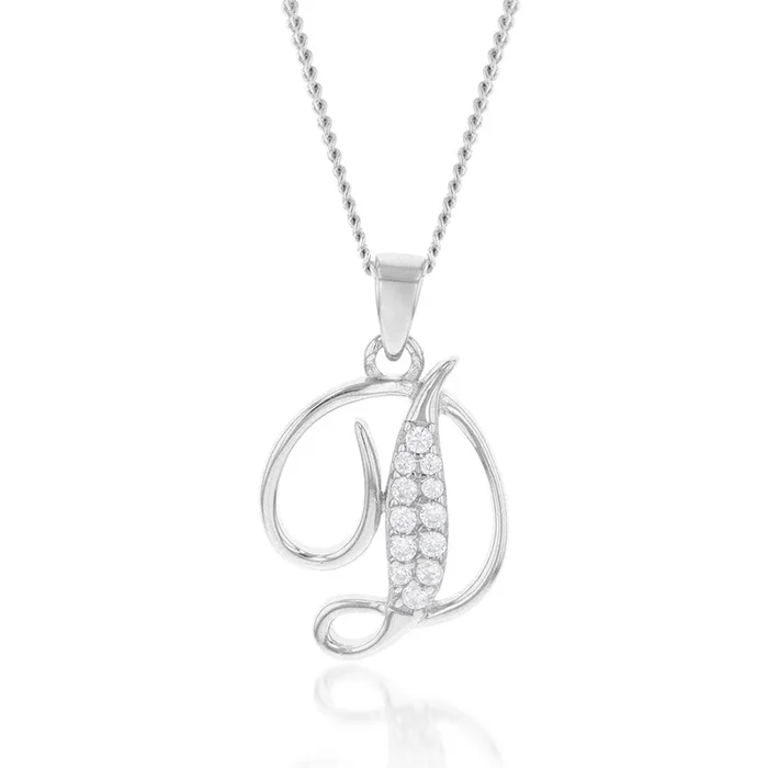 Sterling Silver Rhodium Plated Cubic Zirconia Script “D” Initial Pendant