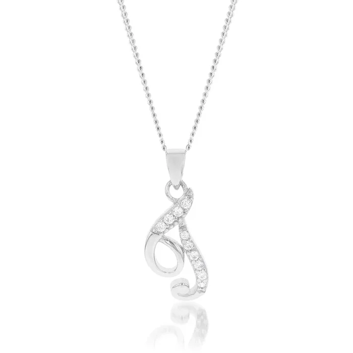 Sterling Silver Rhodium Plated Cubic Zirconia Script “T ” Initial Pendant
