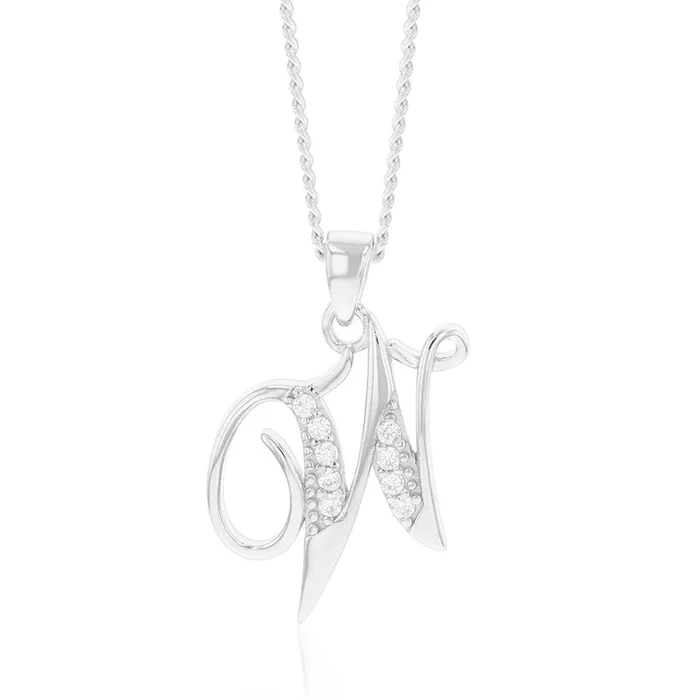 Sterling Silver Rhodium Plated Cubic Zirconia Script “W ” Initial Pendant