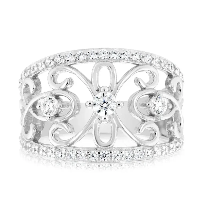 Sterling Silver Rhodium Plated Fancy Cut Out Zirconia Ring
