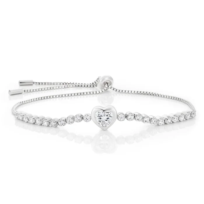 Sterling Silver Rhodium Plated Zirconia Heart Adjustable Bracelet