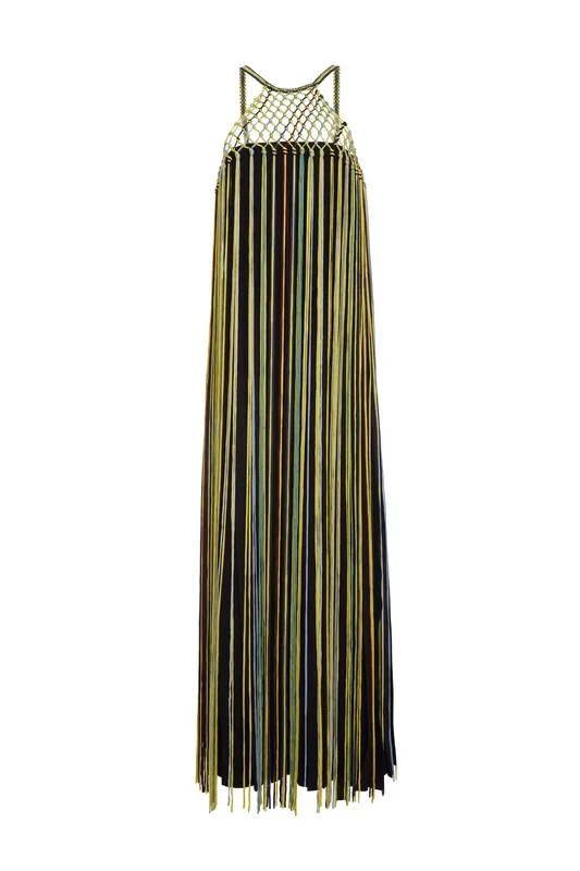Tacia Fringe Maxi Dress in Black Multi Silk