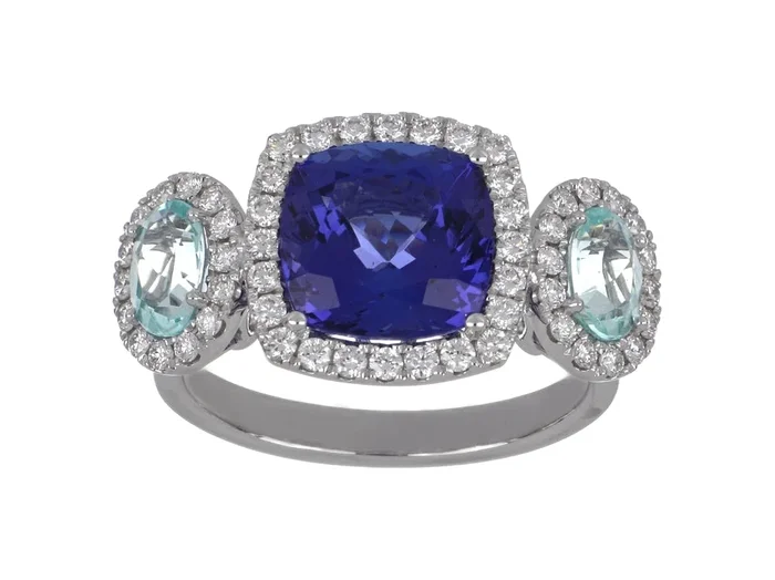 Tanzanite with Paraiba Tourmaline Ladies Ring (Tanzanite 3.73 cts. Paraiba Tourmaline 0.99 cts. White Diamond 0.66 cts.)