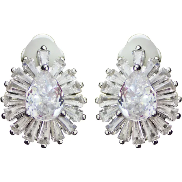 Tapered Baguette Burst CZ Clip Earrings (Silvertone)