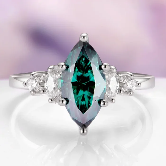 Teal Moissanite Marquise Engagement Ring in 14K White Gold