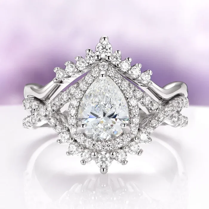 Teardrop Moissanite Engagement Ring Set in 14K White Gold