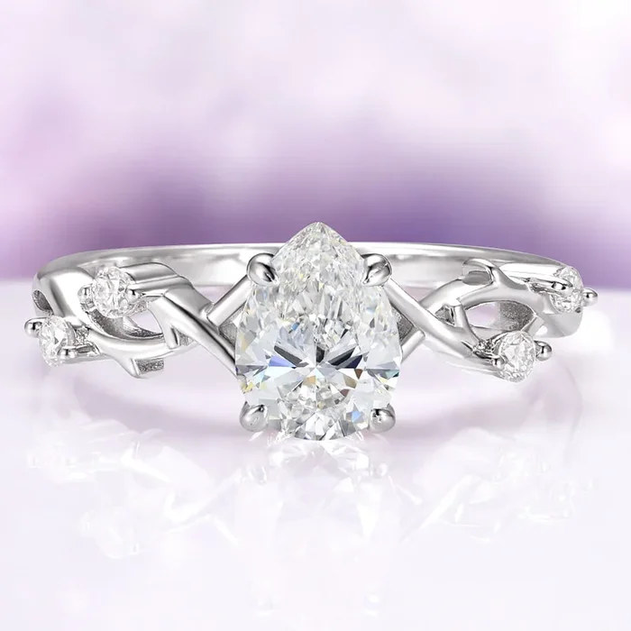 Teardrop Moissanite Leaf Engagement Ring in 14K White Gold