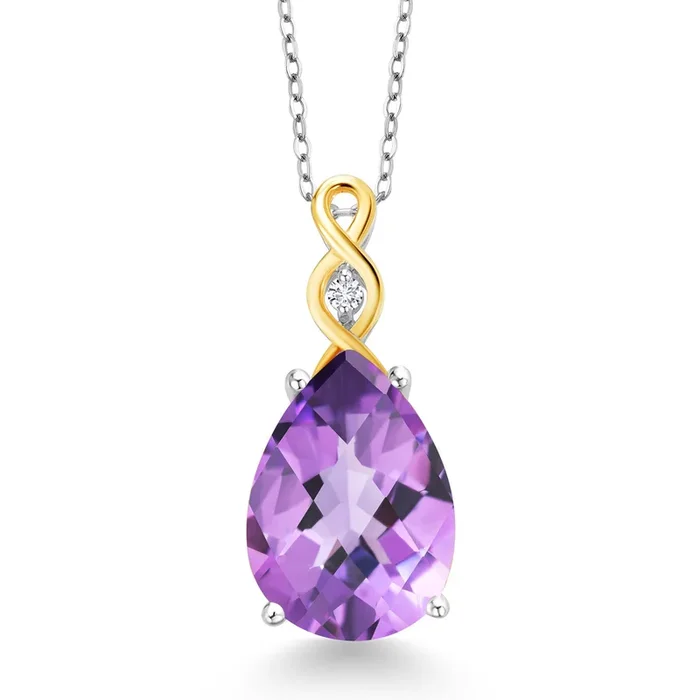 Teardrop Necklace For Women | 925 Sterling Silver and 10K Yellow Gold | Gemstone Birthstone and White Lab Grown Diamond | Design By Keren Hanan | With 18 Inch Chain