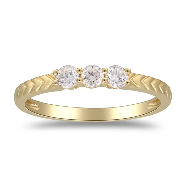 Three Diamond Ring with Chevron Band in 14K Yellow Gold