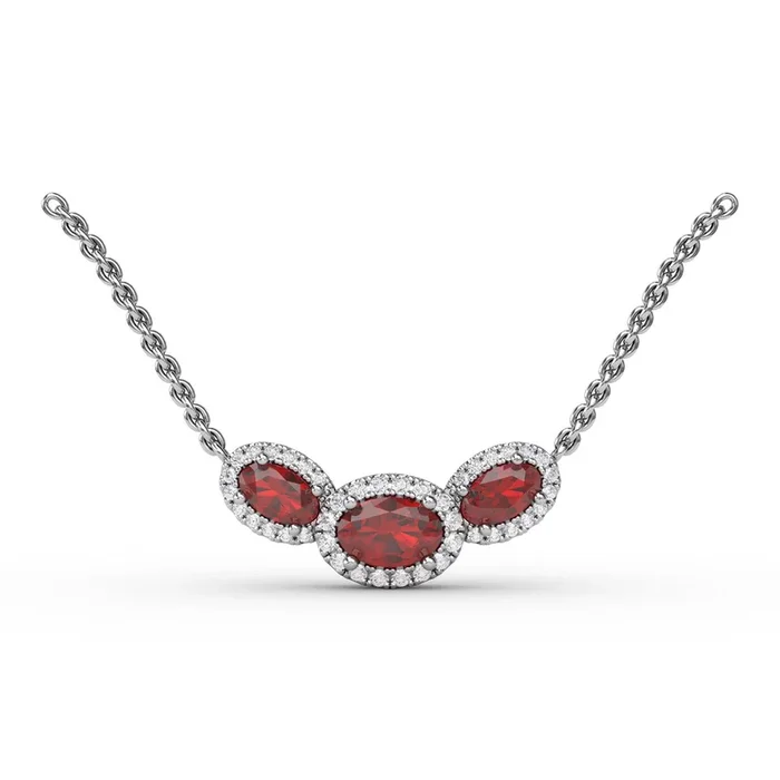 Three Stone Ruby & Diamond Oval Pendant