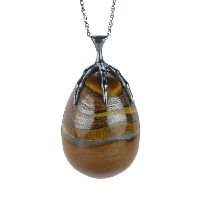 Tiger’s Eye Quail Egg and Claw Pendant Necklace