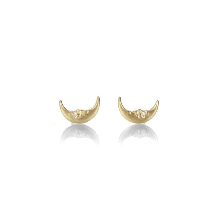 Tiny Crescent Moonface Studs with Diamonds