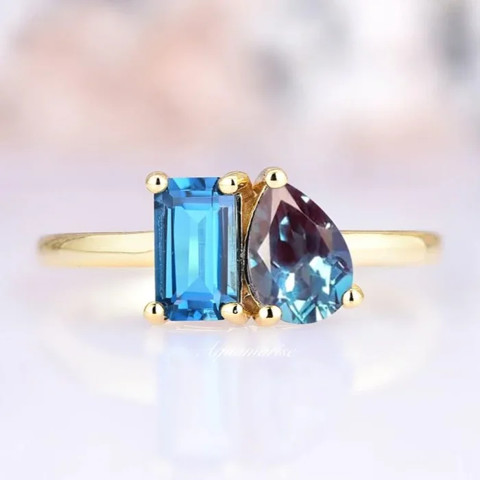 Toi Et Moi London Blue Topaz & Alexandrite Ring- 14K Solid Yellow Gold