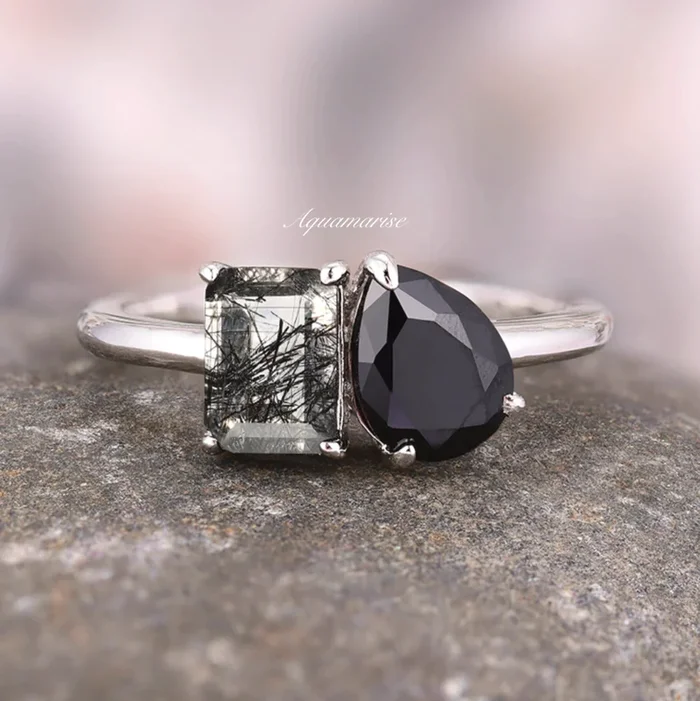 Toi Et Moi Rutilated Quartz & Black Onyx Ring- 14K White Gold