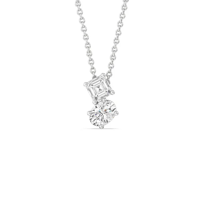 Toi et Moi Square Emerald and Oval Diamond Necklace