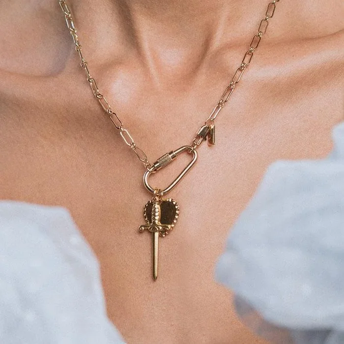 TORMENT. Heart & Dagger Carabiner Charm Necklace – Gold