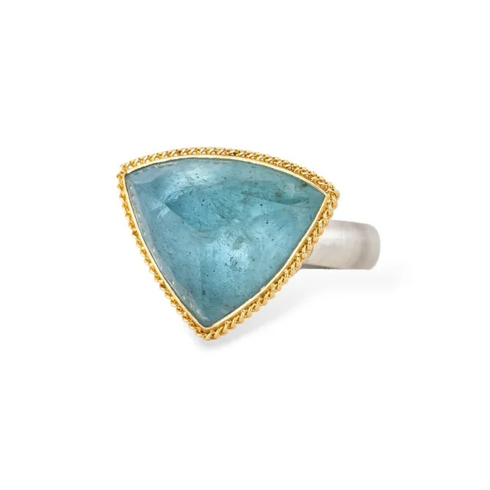 Triangular Aquamarine Ring in Sterling Silver and 18k Gold