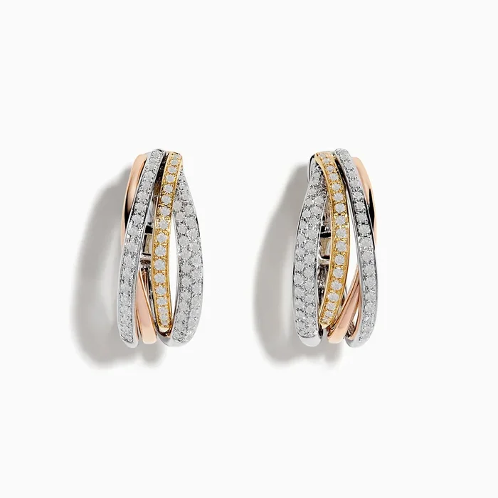 Trio 14K Tri Color 5/8″ Diamond Crossover Hoop Earrings, 0.52 TCW