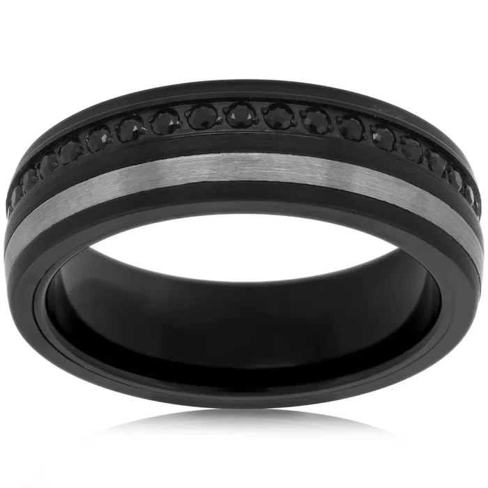 TRITON Black & Gray Tungsten Black Sapphire Wedding Band