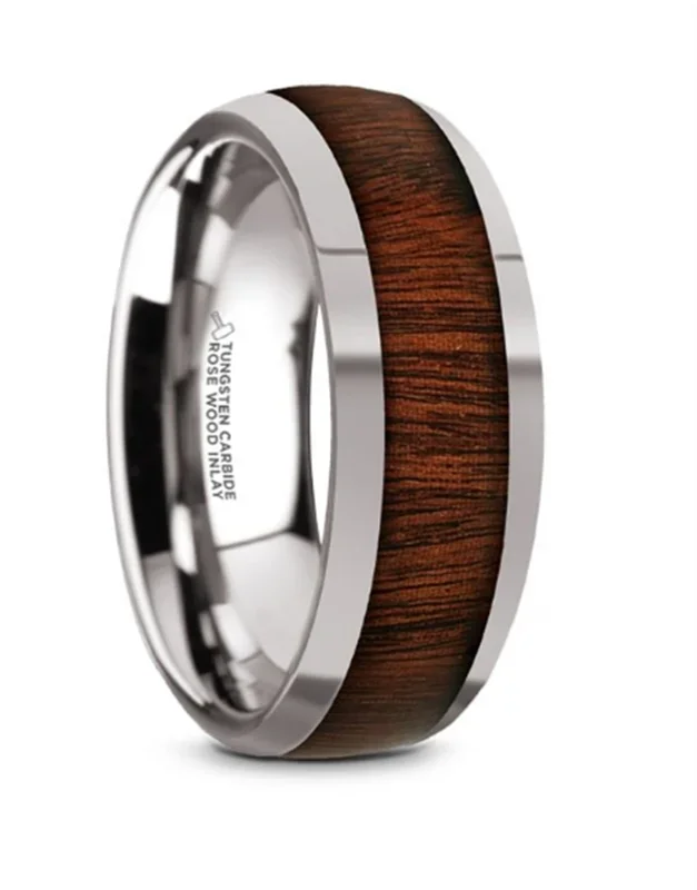 Tungsten Carbide ‘Dalberg’ 8mm Rosewood Inlaid Domed Wedding Band