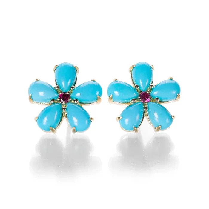 Turquoise and Ruby Petal Studs