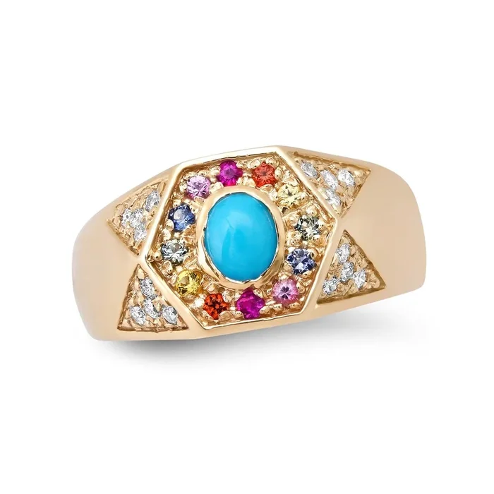 Turquoise Sapphire Rainbow Hexagon Signet