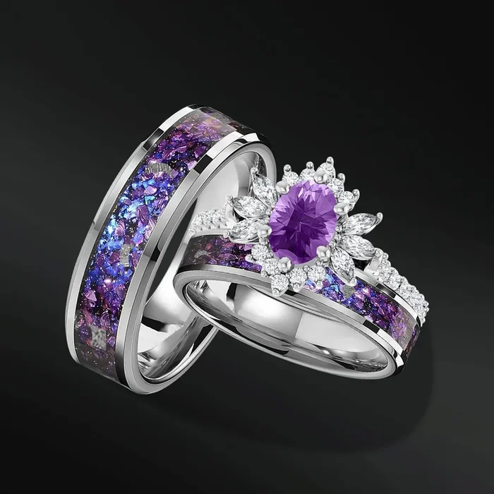 Twilight Spark Set – 3PCS His & Her Wedding Ring Set | Natural Amethyst Engagement Ring With Natural Diamonds | Muonionalusta Meteorite, Amethyst and Opal Wedding Band
