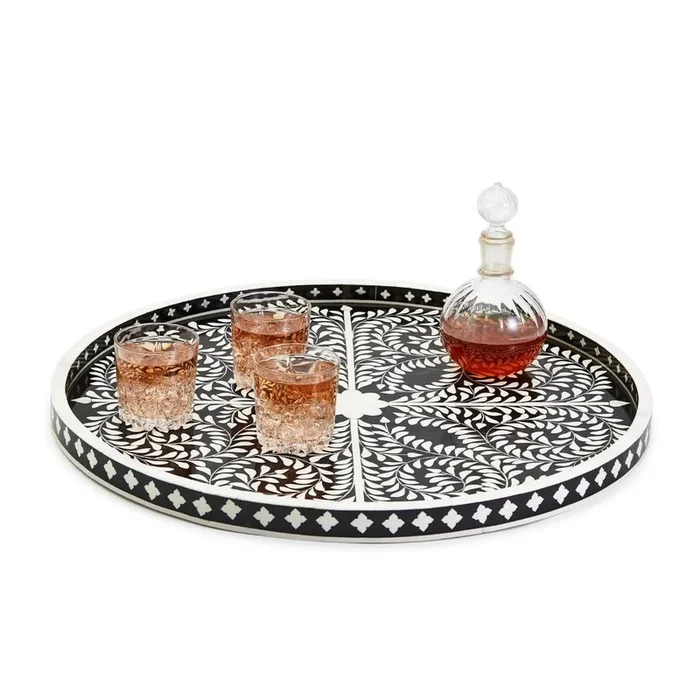 Two’s Company Jaipur Palace Black and White Decorative Round Serving Tray