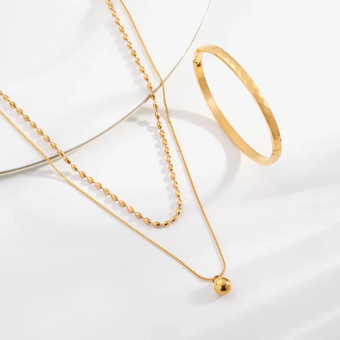 Two-Layered Bead Necklace & Gilded Haze Bangle Bracelet Combo Set