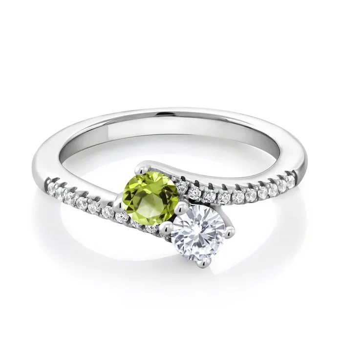 Two-Stone Bypass Ring for Women in 925 Sterling Silver | 4MM Round Gemstone Birthstone and White Moissanite | Crossover Anniversary Engagement Wedding Promise Ring | Sizes 5, 6, 7, 8, 9