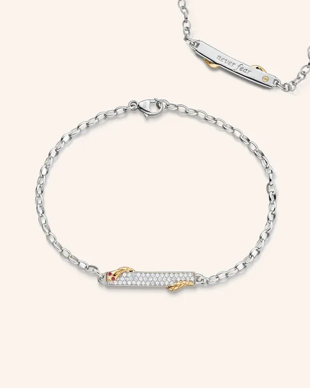 Two-Tone “Never Fear” Poesy Bracelet with Ruby Eye Snake Accent and Pavé White Sapphires