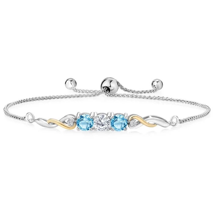 Two-Tone Gemstone Birthstone and Swiss Blue Topaz and Accent Lab Grown Diamond Infinity Tennis Bracelet For Women In 925 Silver and 10K Yellow Gold | Round 5MM | Fully Adjustable Up to 9 Inch
