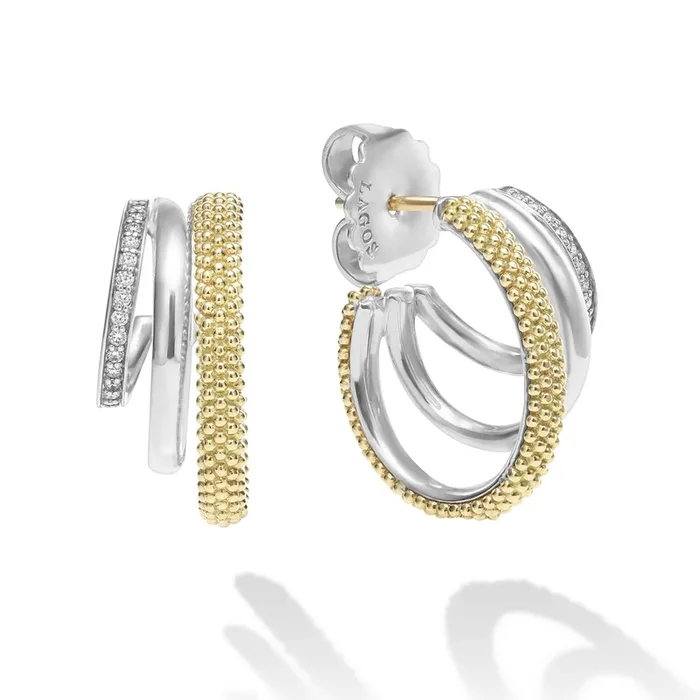 Two-Tone Three Ring Diamond Hoop Earrings