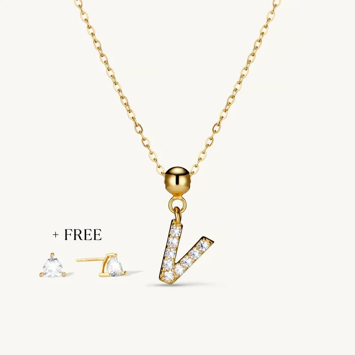 V Diamond Initial Charm Necklace + FREE Diamond Trio Studs Gold