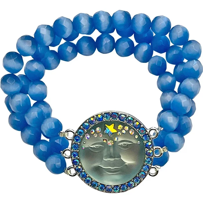 Venus Seaview Moon 3 Row Cats Eye Beaded Stretch Bracelet (Silvertone/Sapphire)