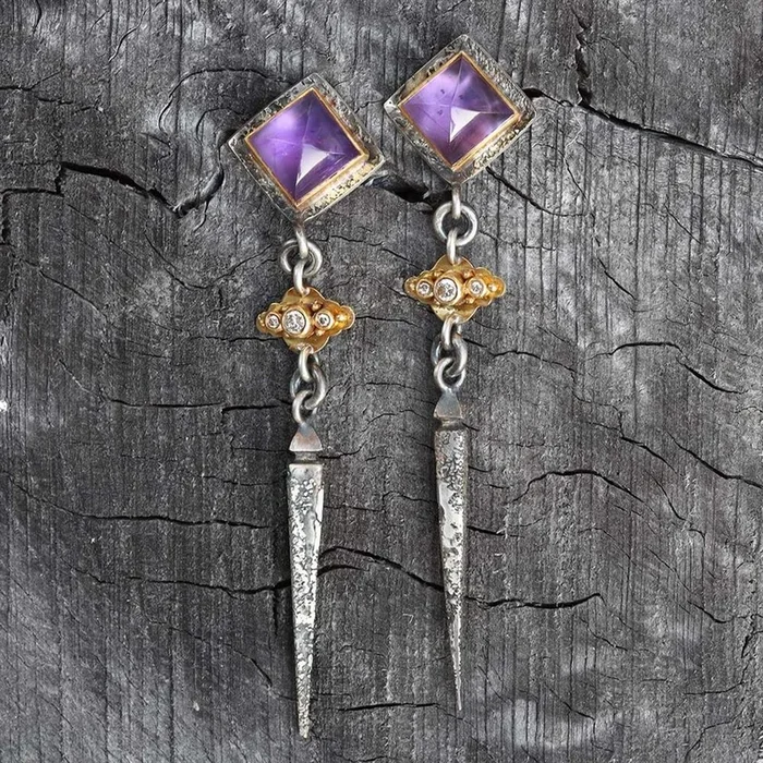 Vetus Amethyst & Diamond Drop Earrings by Michael Jensen Designs